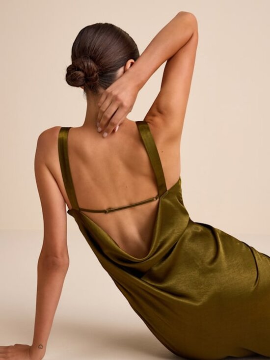 Lulus Dresses & Skirts - Lulus Janita Olive Satin Sleeveless Cowl Back Maxi Dress Green - Size M